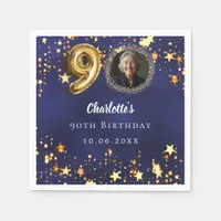 90th birthday navy blue gold stars photo napkins