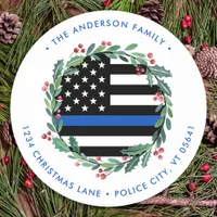 Police Christmas Blue Flag Wreath Return Address Classic Round Sticker