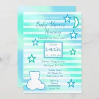 Cute Teddy Bear, Stars and Moon Blue and Green Invitation