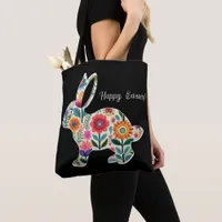 Flourished Easter Bunny Silhouette on Black Bg Tote Bag