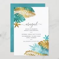 Teal and Gold Tropical Birthday Invitation
