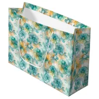 Teal Yellow Floral Alcohol Ink Style Pattern Large Gift Bag