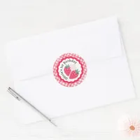 Strawberry 1st Birthday Red Watercolor Plaid Favor Classic Round Sticker