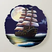 Illuminated Ship on the Ocean under the Moon Round Pillow