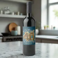 Elegant Luxurious Teal and Gold 40th Birthday Wine Label