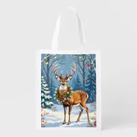 Christmas Deer in Festive Winter Forest  Grocery Bag