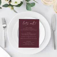 Modern Merlot Wedding Menu with Thank You on Back