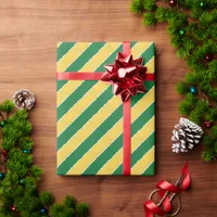 Green Gold Diagonal Stripes Faux Torn Christmas  Wrapping Paper