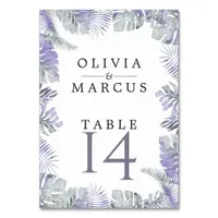 Tropical Foliage Lavender Mist Watercolor Table Number