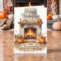 Cozy Watercolor Fireplace Family Thanksgiving Card
