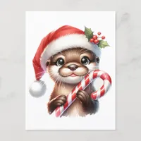 Adorable Christmas Otter in Santa Hat With Candy   Postcard