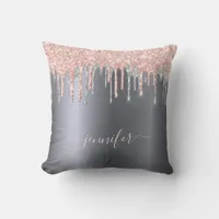 Silver glitter blush pink drips monogram script throw pillow