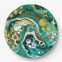 Turquoise, Gold, Marble Fluid Art    Paper Plates
