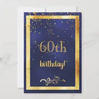 60th birthday party gold frame blue invitation