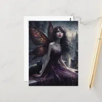 Fairy and black cat overlook the city at night postcard