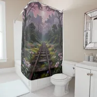 Nostalgic Journey: Steam Train Through Blossoms Shower Curtain