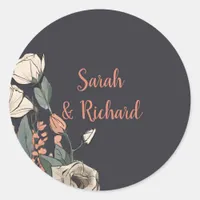 Elegant Black Round Floral Wedding Envelope Sealer Classic Round Sticker