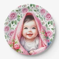 Pink Roses and Smiling Baby Girl's Baby Shower Paper Plates