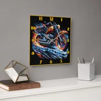 Motorcycle racing on icy dusk road square wall clock