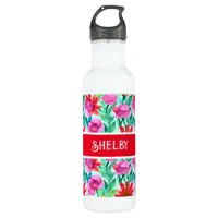Watercolor Flowers in Teal, Red and Pink Stainless Steel Water Bottle