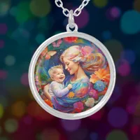 Mother with Baby Boy Colorful Painting Silver Plated Necklace