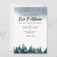 Moody Winter Fog Pine Forest Watercolor Wedding Invitation