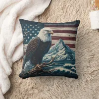 Eagle Perched on a Branch Near Mountains and Waves Throw Pillow