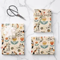Calico Cats Naive Art Style Wrapping Paper Sheets