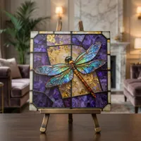 Faux Stained Glass Dragonfly Purple Gold Mosaic Ceramic Tile