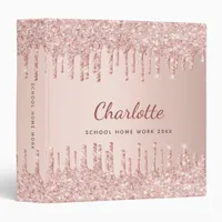 Rose gold blush glitter drips monogram name 3 ring binder