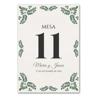 Talavera Green Floral Minimalist Spanish Wedding Table Number