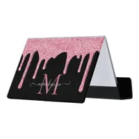 Black Pink Sparkle Glitter Drip Luxury Monogram Desk Business Card Holder