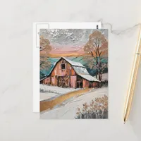 Unique Beautiful Winter Barn Painting Postcard