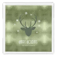 Deer Antlers Silhouette & Snowflakes Green ID861 Acrylic Tray