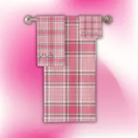 Pink and White Plaid Name Monogram | Bath Towel Set