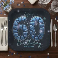 Elegant Sapphire Blue Stone Mosaic 60th Birthday Paper Plates