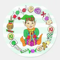 Hand drawn Festive Whimsical Christmas Elf & Candy Classic Round Sticker