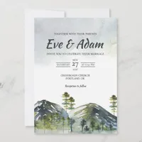 Alpine Mountain Pine Fog Watercolor Winter Wedding Invitation