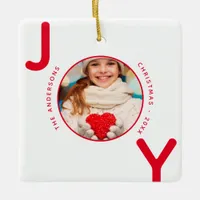 Christmas white red photo joy name ceramic ornament