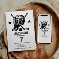 Hockey black and White Themed Kids Birthday Party Invitation