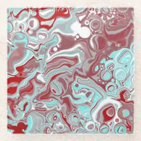Teal, Burgundy, Red and White Marble Swirls   Glass Coaster