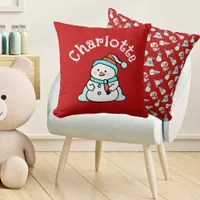 Christmas Snowman With Name | Red Throw Pillow