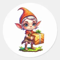 Cute Little Elf Holding a Gift Christmas Classic Round Sticker