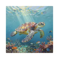 A Sea Turtle and Sun Rays in the Ocean Blue Metal Print