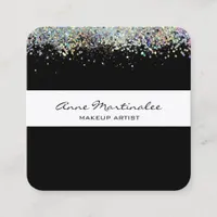 Black with Silver Holographic Look Faux Glitter  Square Business Card