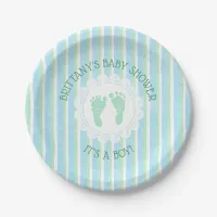 Its a boy, Blue and Green Striped Baby Shower Paper Plates