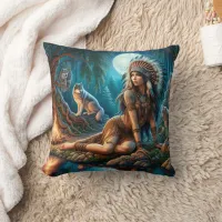 Native American Woman Sitting With Wolves At Night Throw Pillow