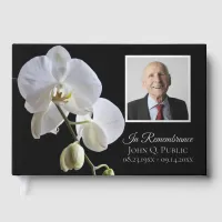 White Orchid Flower on Black Funeral Memorial  Foil Guest Book