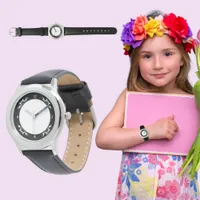 Kid's S.S. Black Leather Strap Decorative Watch