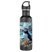 Cute Puffin on the Seashore themed Personalized Stainless Steel Water Bottle